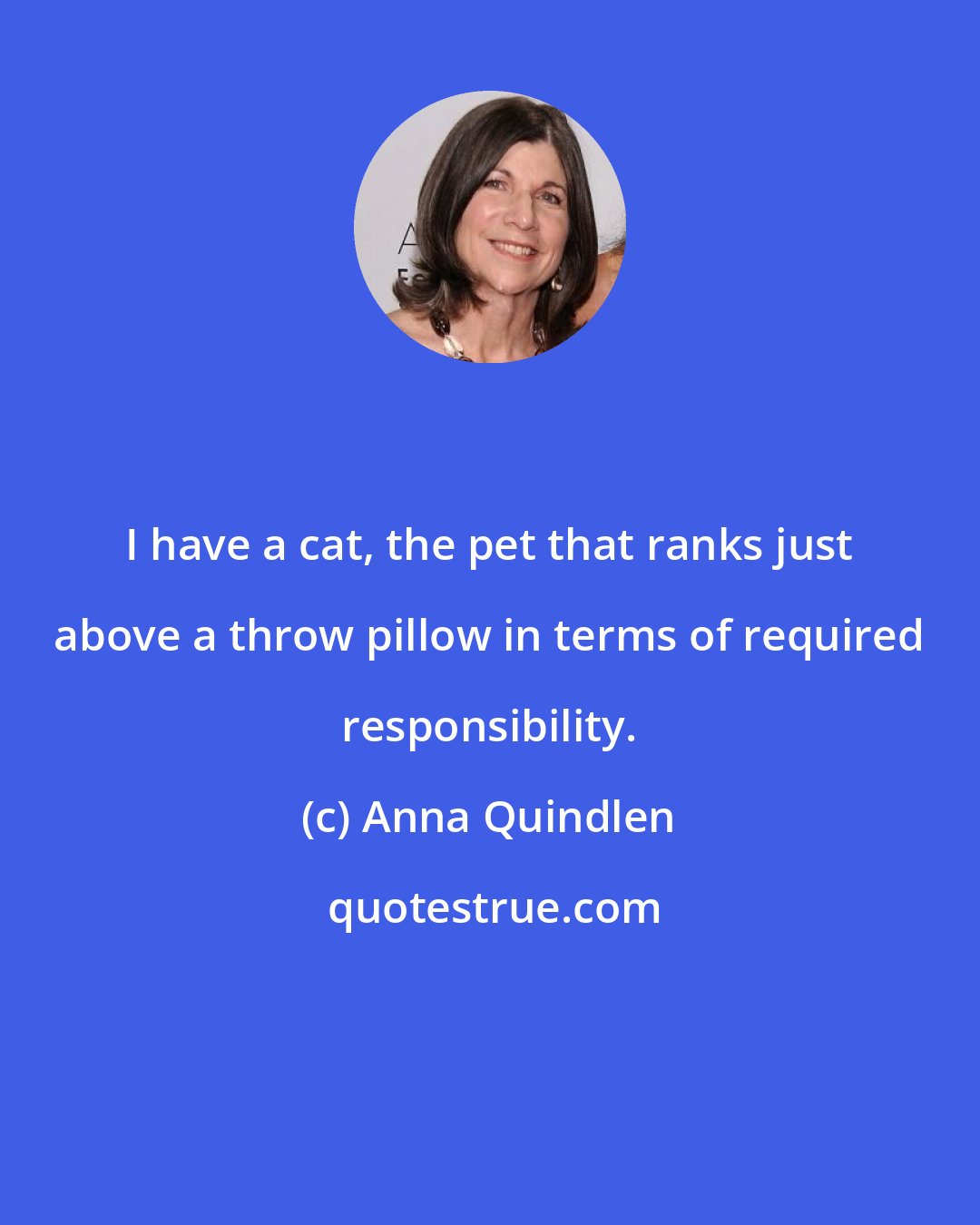 Anna Quindlen: I have a cat, the pet that ranks just above a throw pillow in terms of required responsibility.