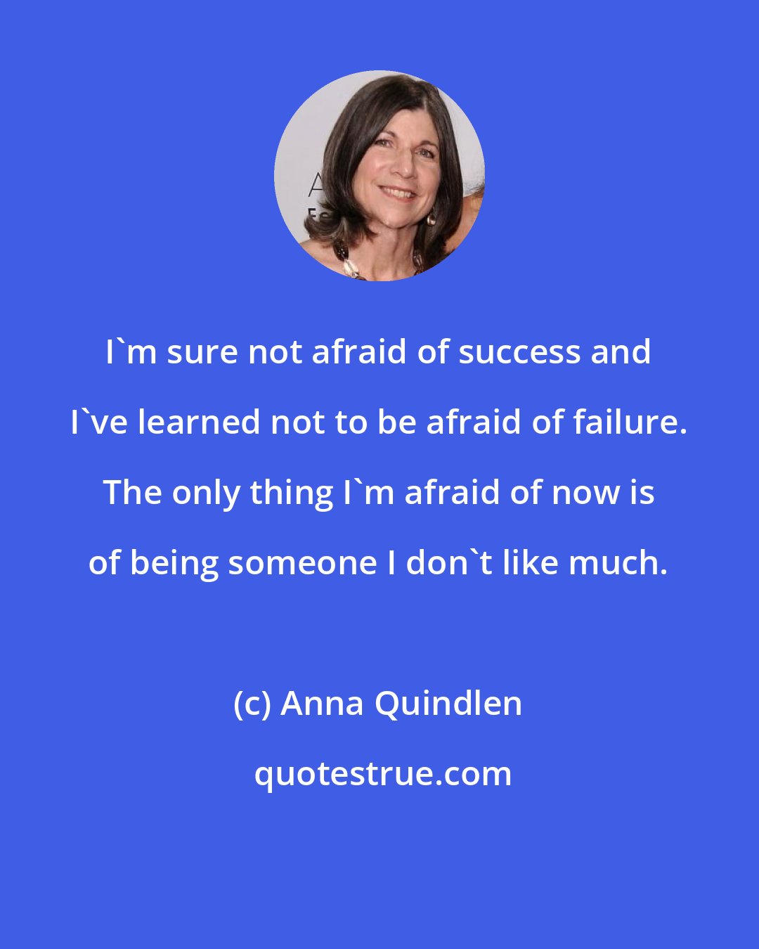 Anna Quindlen: I'm sure not afraid of success and I've learned not to be afraid of failure. The only thing I'm afraid of now is of being someone I don't like much.