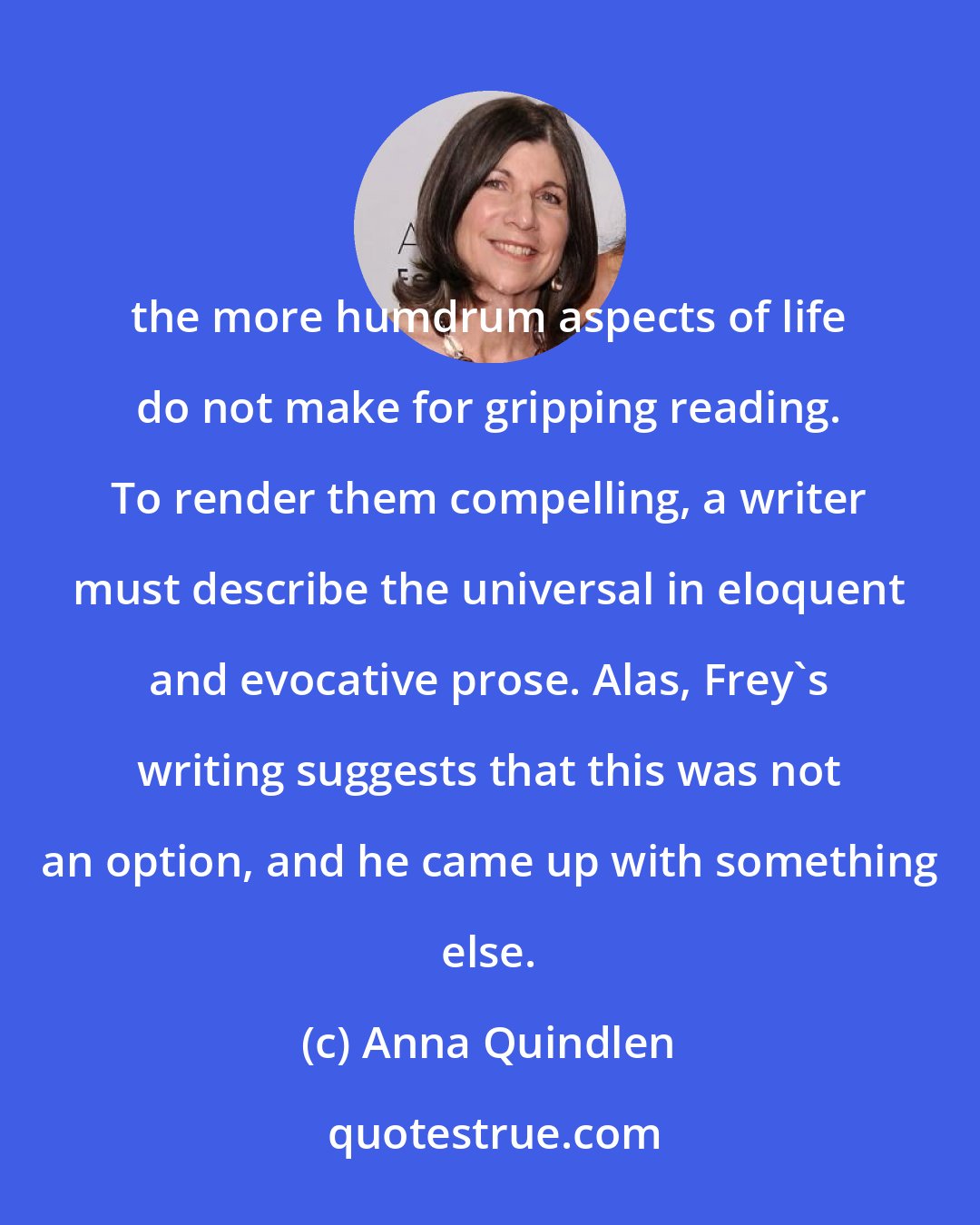 Anna Quindlen: the more humdrum aspects of life do not make for gripping reading. To render them compelling, a writer must describe the universal in eloquent and evocative prose. Alas, Frey's writing suggests that this was not an option, and he came up with something else.