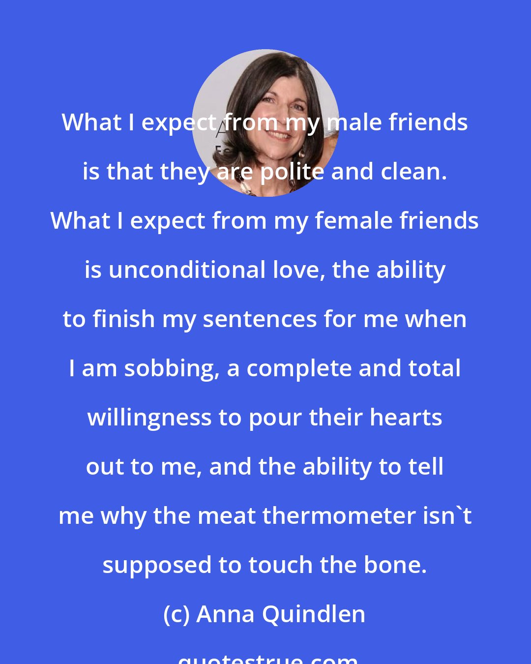 Anna Quindlen: What I expect from my male friends is that they are polite and clean. What I expect from my female friends is unconditional love, the ability to finish my sentences for me when I am sobbing, a complete and total willingness to pour their hearts out to me, and the ability to tell me why the meat thermometer isn't supposed to touch the bone.