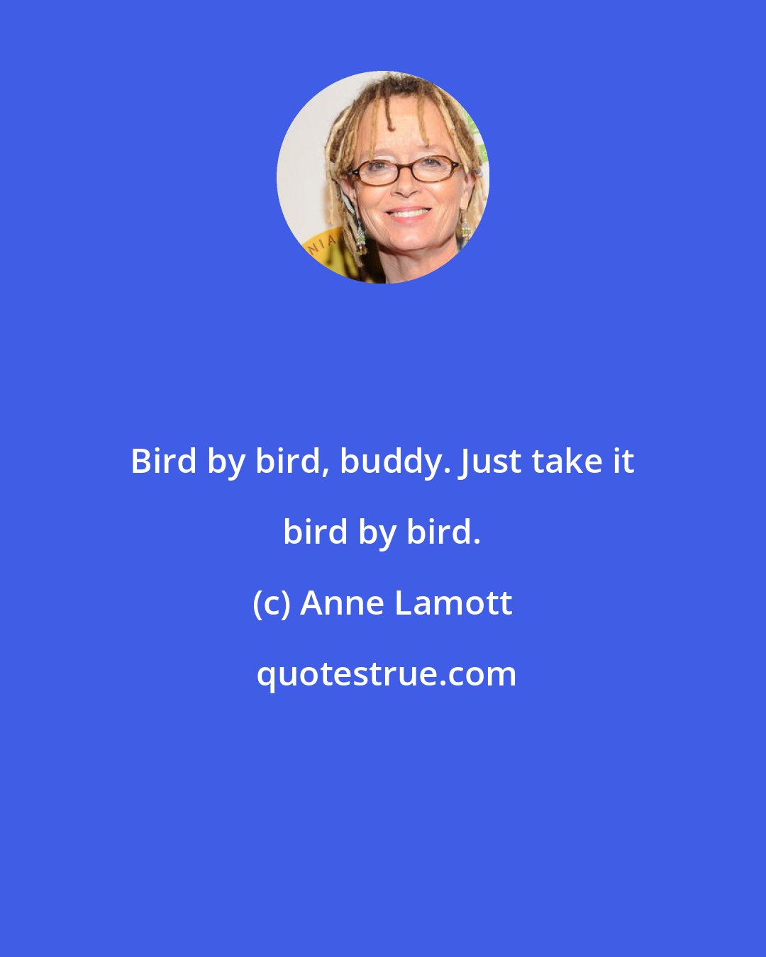 Anne Lamott: Bird by bird, buddy. Just take it bird by bird.