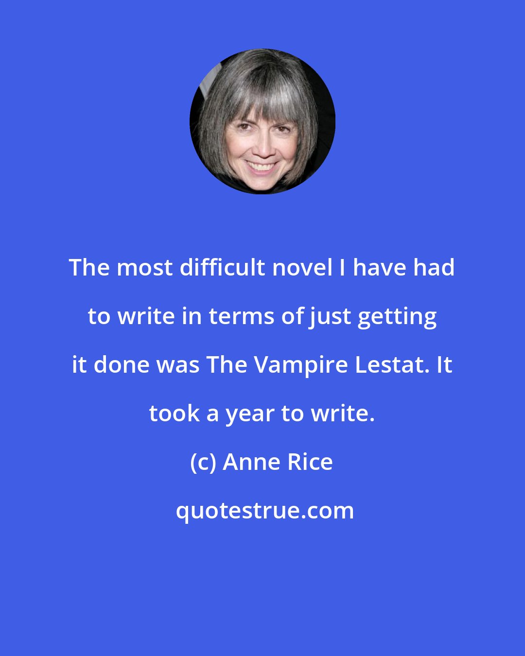Anne Rice: The most difficult novel I have had to write in terms of just getting it done was The Vampire Lestat. It took a year to write.