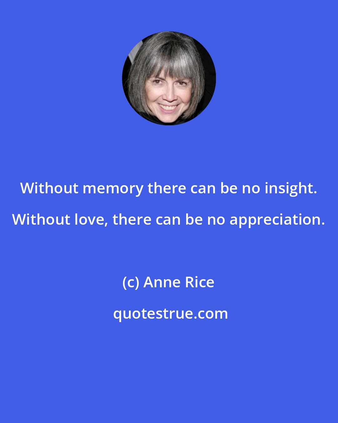 Anne Rice: Without memory there can be no insight. Without love, there can be no appreciation.