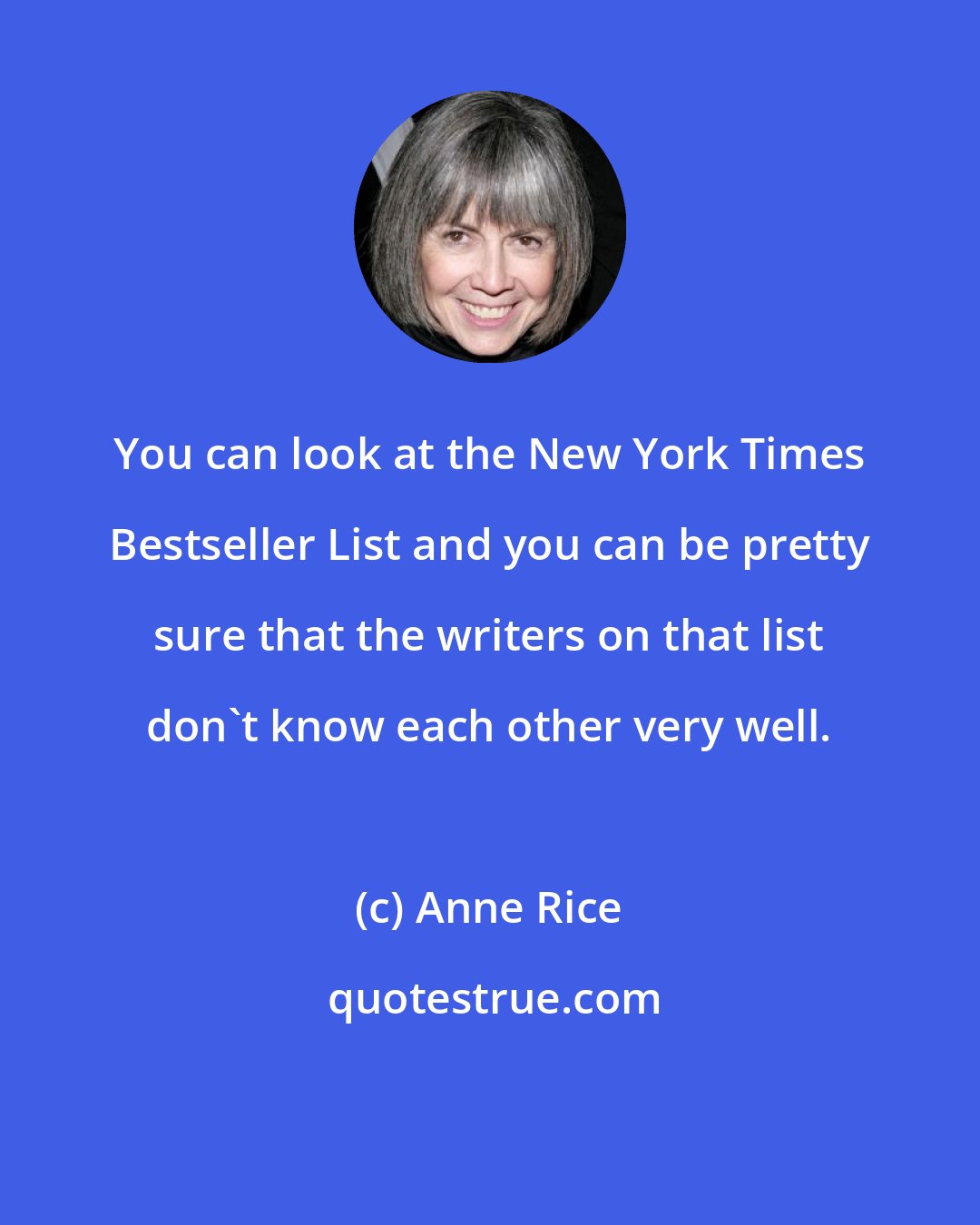 Anne Rice: You can look at the New York Times Bestseller List and you can be pretty sure that the writers on that list don't know each other very well.