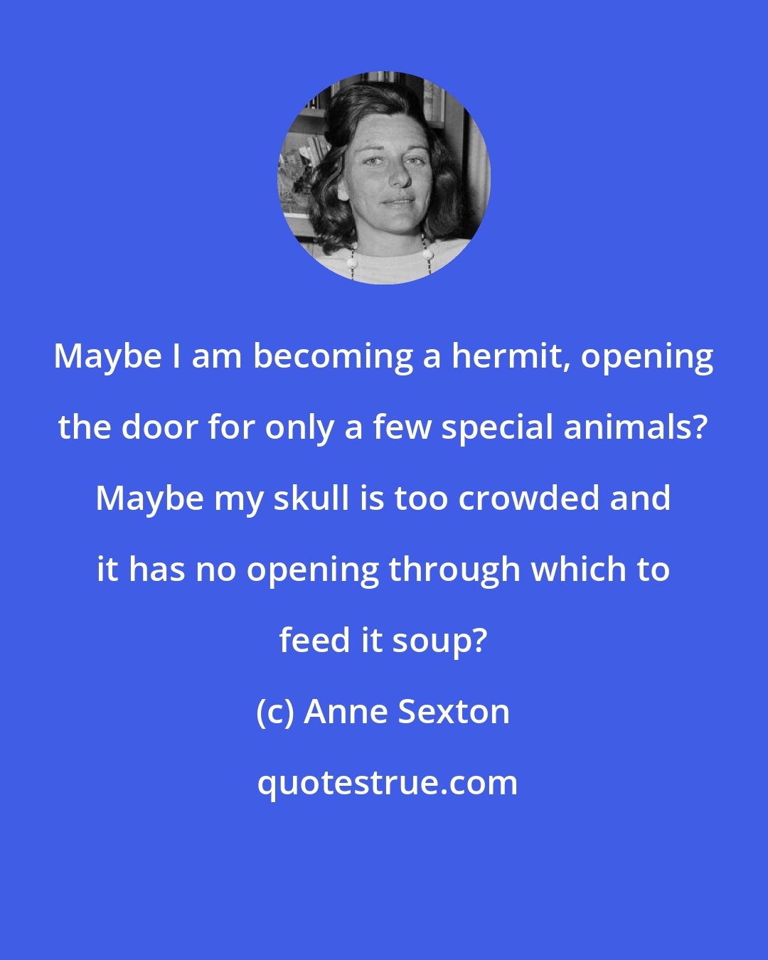 Anne Sexton: Maybe I am becoming a hermit, opening the door for only a few special animals? Maybe my skull is too crowded and it has no opening through which to feed it soup?