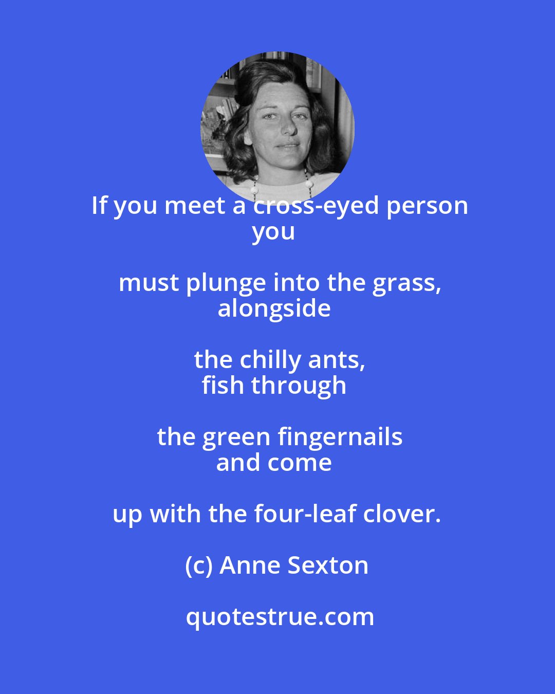Anne Sexton: If you meet a cross-eyed person
you must plunge into the grass,
alongside the chilly ants,
fish through the green fingernails
and come up with the four-leaf clover.
