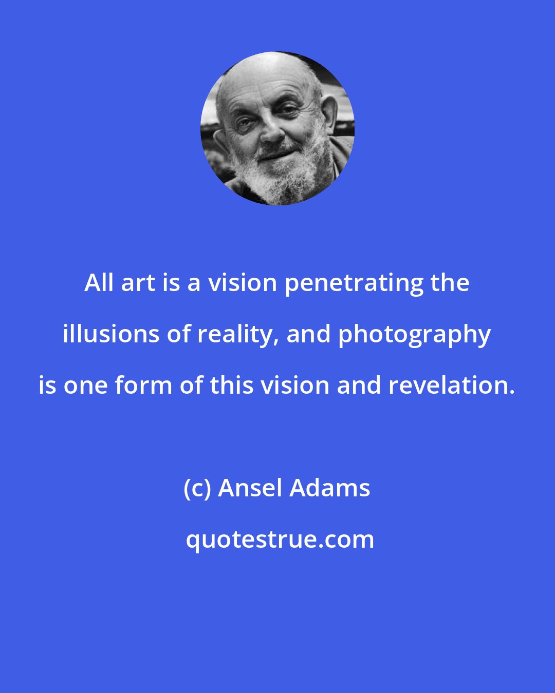 Ansel Adams: All art is a vision penetrating the illusions of reality, and photography is one form of this vision and revelation.