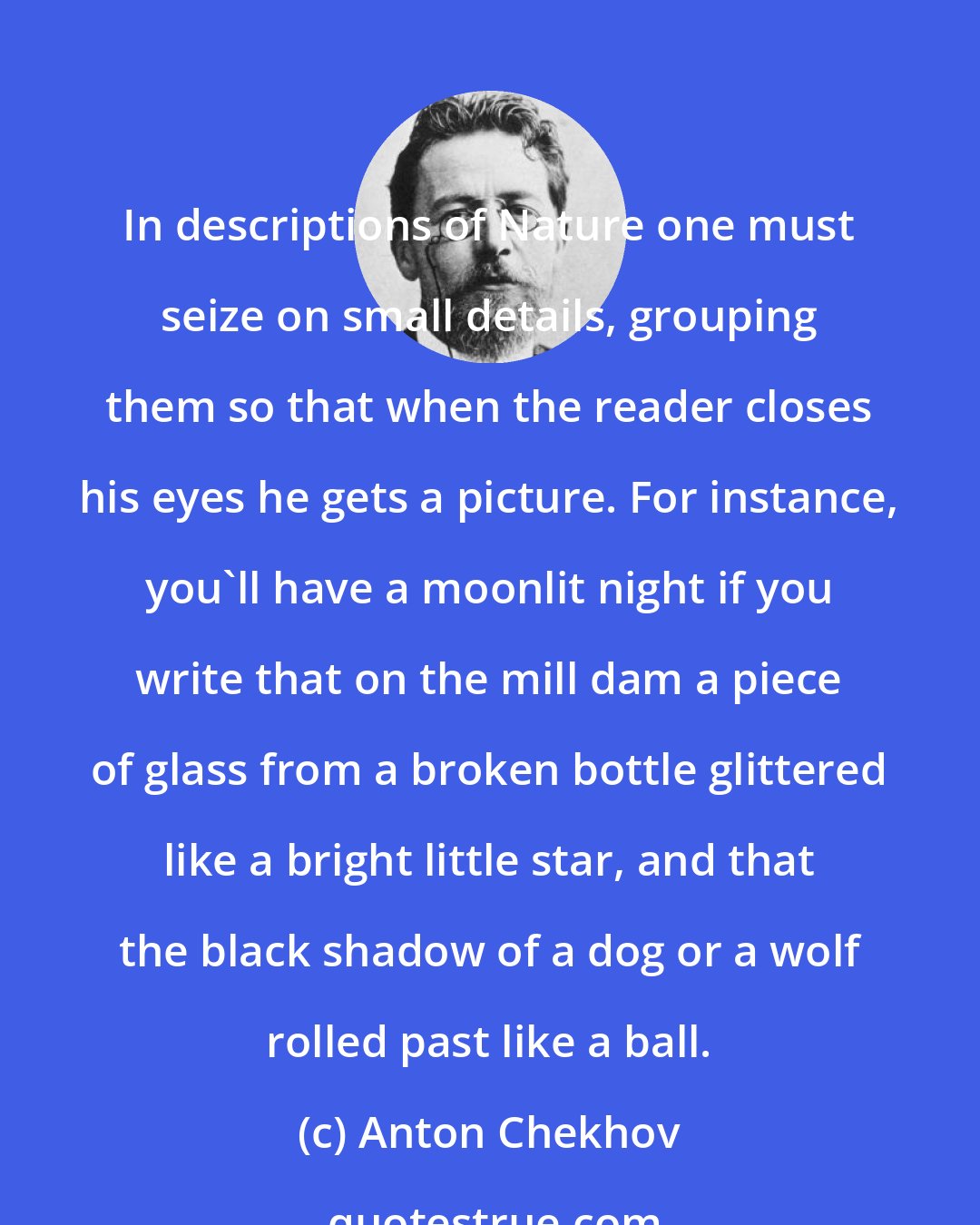 Anton Chekhov: In descriptions of Nature one must seize on small details, grouping them so that when the reader closes his eyes he gets a picture. For instance, you'll have a moonlit night if you write that on the mill dam a piece of glass from a broken bottle glittered like a bright little star, and that the black shadow of a dog or a wolf rolled past like a ball.