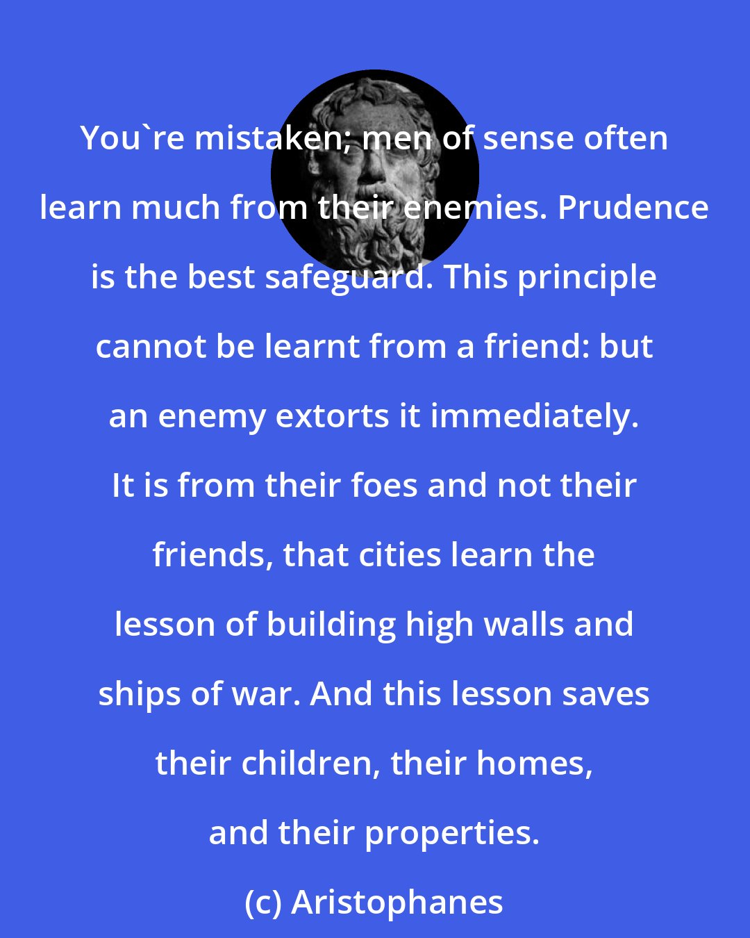 Aristophanes: You're mistaken; men of sense often learn much from their enemies. Prudence is the best safeguard. This principle cannot be learnt from a friend: but an enemy extorts it immediately. It is from their foes and not their friends, that cities learn the lesson of building high walls and ships of war. And this lesson saves their children, their homes, and their properties.