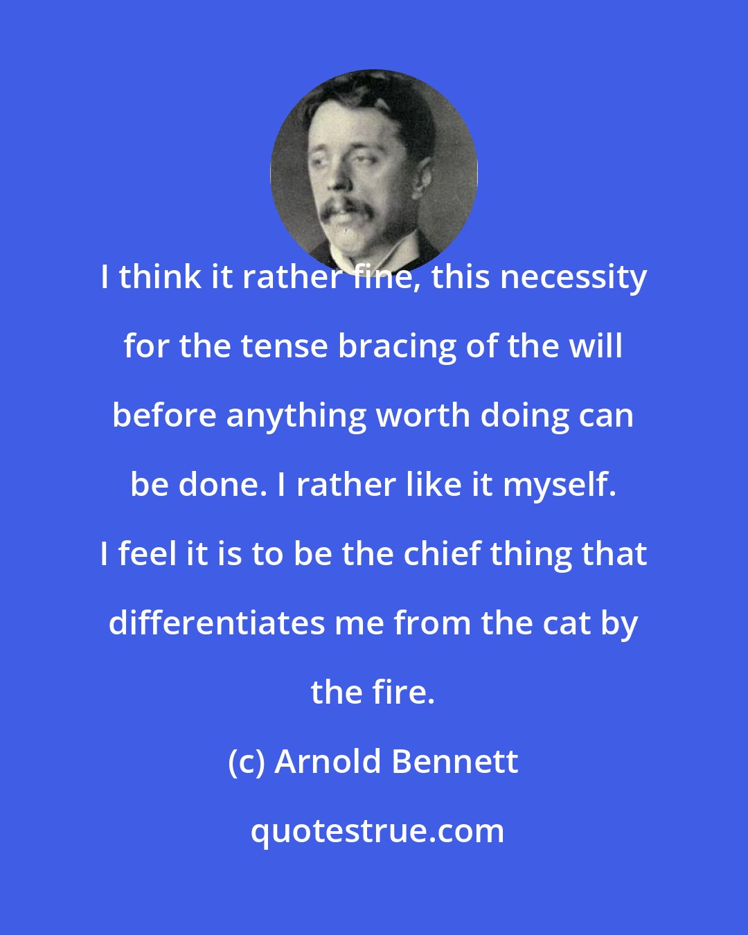 Arnold Bennett: I think it rather fine, this necessity for the tense bracing of the will before anything worth doing can be done. I rather like it myself. I feel it is to be the chief thing that differentiates me from the cat by the fire.