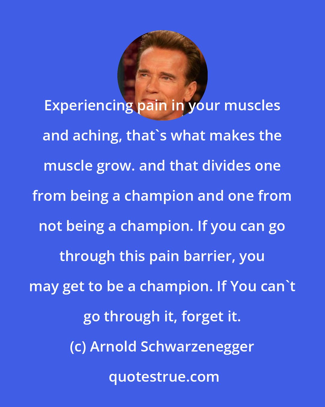 Arnold Schwarzenegger: Experiencing pain in your muscles and aching, that's what makes the muscle grow. and that divides one from being a champion and one from not being a champion. If you can go through this pain barrier, you may get to be a champion. If You can't go through it, forget it.