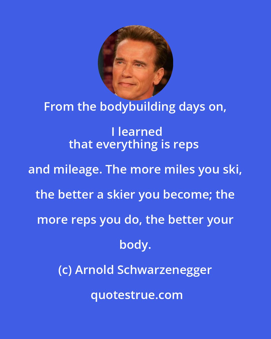 Arnold Schwarzenegger: From the bodybuilding days on, I learned
that everything is reps and mileage. The more miles you ski, the better a skier you become; the more reps you do, the better your body.