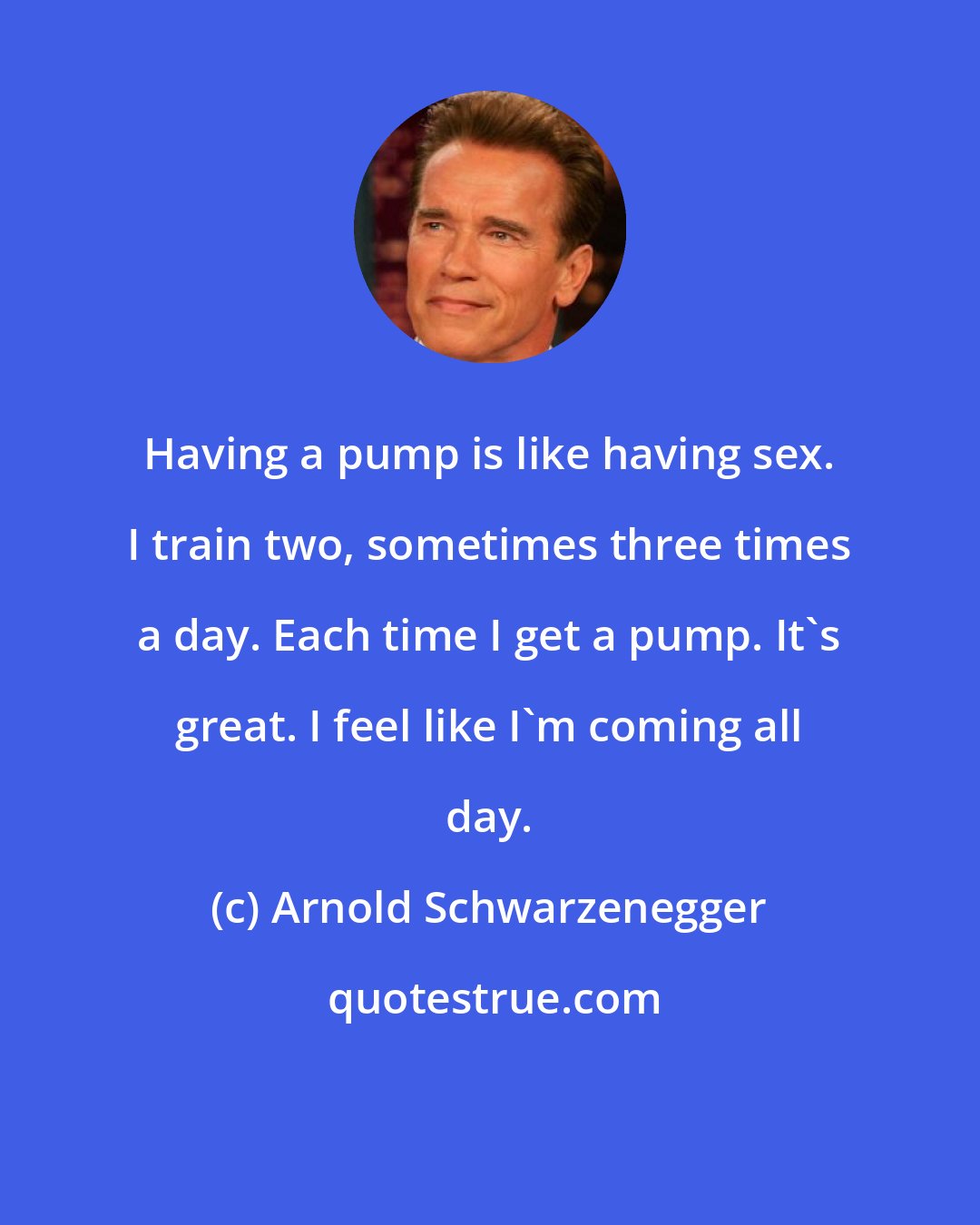 Arnold Schwarzenegger: Having a pump is like having sex. I train two, sometimes three times a day. Each time I get a pump. It's great. I feel like I'm coming all day.