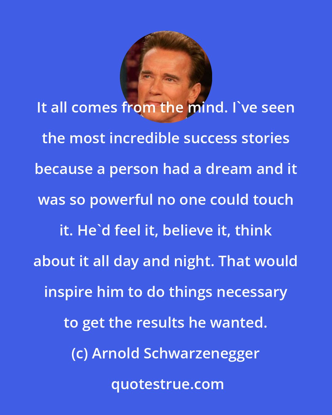 Arnold Schwarzenegger: It all comes from the mind. I've seen the most incredible success stories because a person had a dream and it was so powerful no one could touch it. He'd feel it, believe it, think about it all day and night. That would inspire him to do things necessary to get the results he wanted.