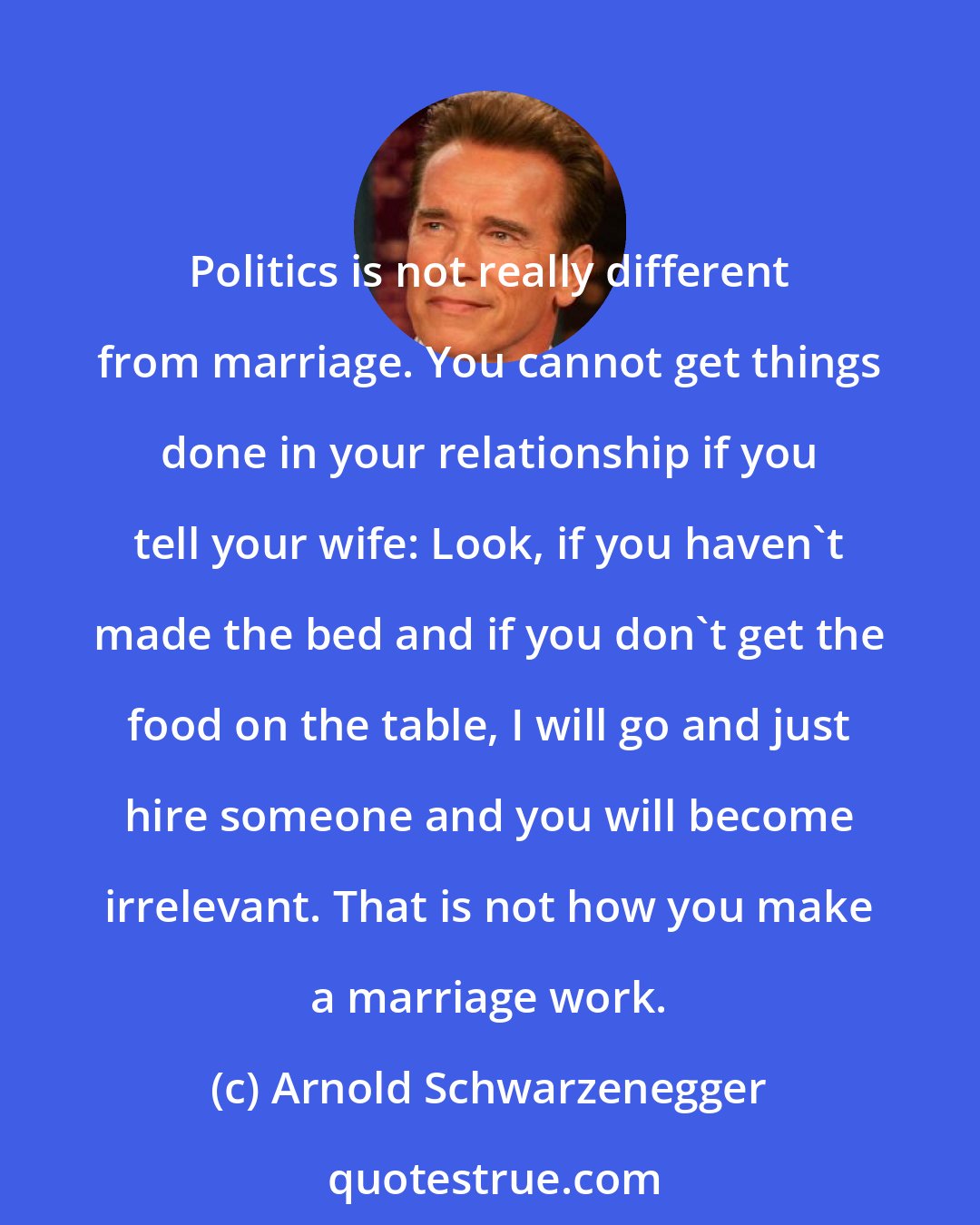 Arnold Schwarzenegger: Politics is not really different from marriage. You cannot get things done in your relationship if you tell your wife: Look, if you haven't made the bed and if you don't get the food on the table, I will go and just hire someone and you will become irrelevant. That is not how you make a marriage work.