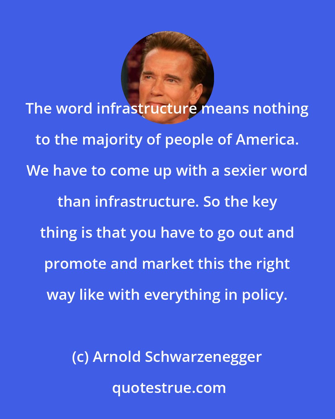 Arnold Schwarzenegger: The word infrastructure means nothing to the majority of people of America. We have to come up with a sexier word than infrastructure. So the key thing is that you have to go out and promote and market this the right way like with everything in policy.