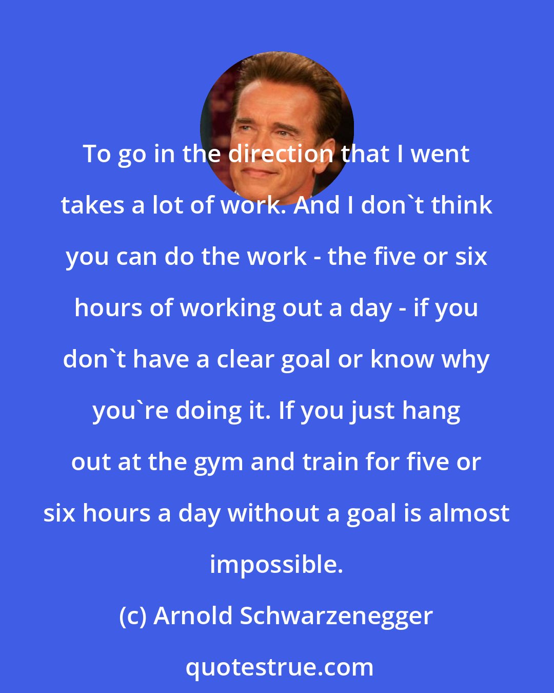 Arnold Schwarzenegger: To go in the direction that I went takes a lot of work. And I don't think you can do the work - the five or six hours of working out a day - if you don't have a clear goal or know why you're doing it. If you just hang out at the gym and train for five or six hours a day without a goal is almost impossible.