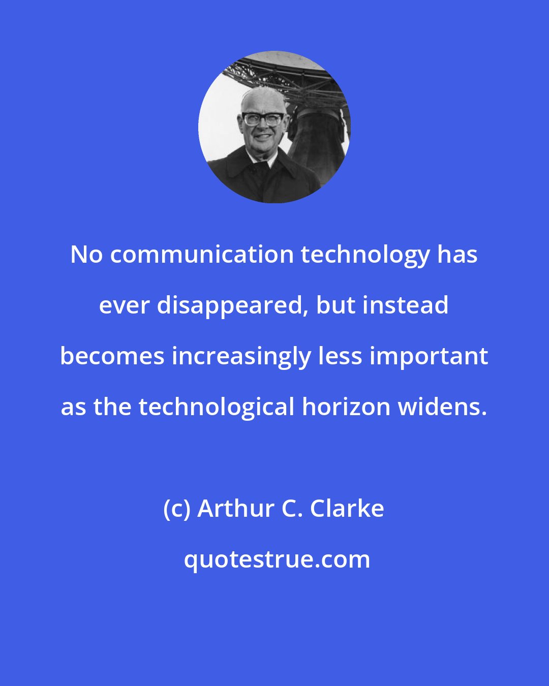 Arthur C. Clarke: No communication technology has ever disappeared, but instead becomes increasingly less important as the technological horizon widens.