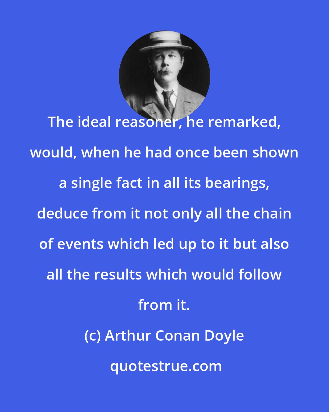 Arthur Conan Doyle: The ideal reasoner, he remarked, would, when he had once been shown a single fact in all its bearings, deduce from it not only all the chain of events which led up to it but also all the results which would follow from it.