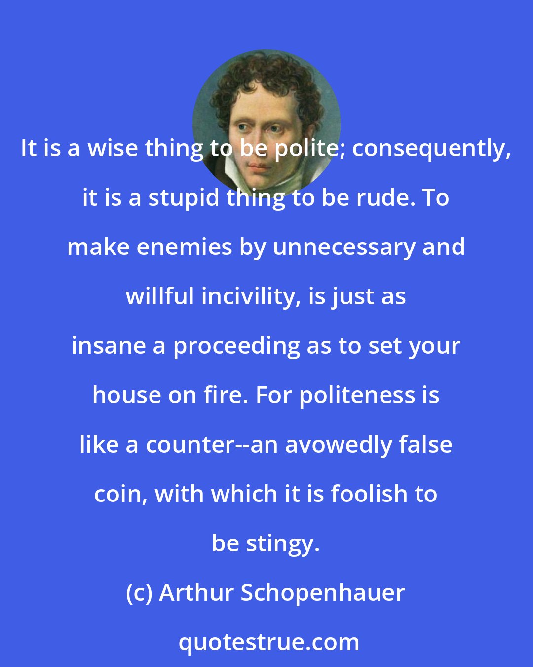 Arthur Schopenhauer: It is a wise thing to be polite; consequently, it is a stupid thing to be rude. To make enemies by unnecessary and willful incivility, is just as insane a proceeding as to set your house on fire. For politeness is like a counter--an avowedly false coin, with which it is foolish to be stingy.