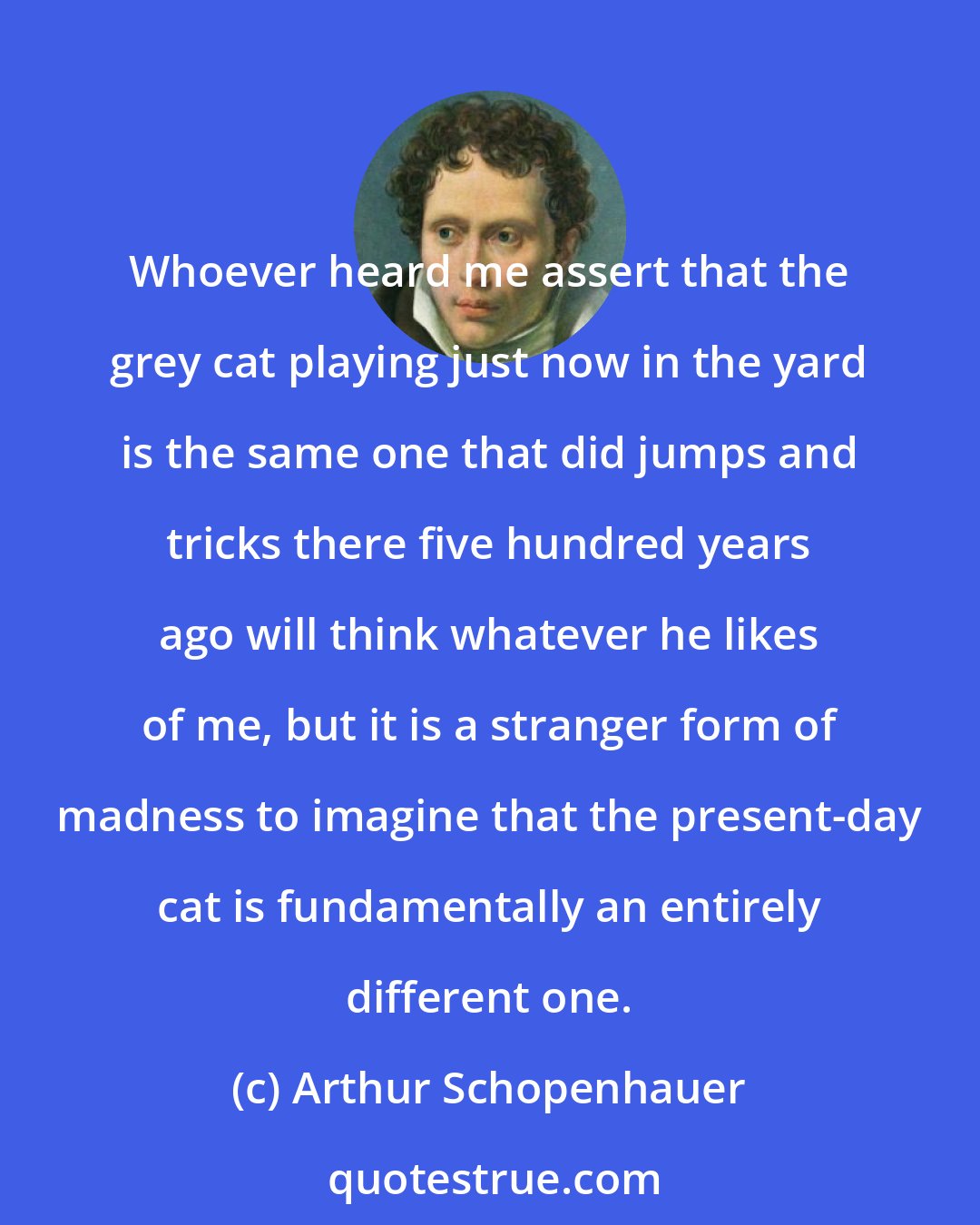 Arthur Schopenhauer: Whoever heard me assert that the grey cat playing just now in the yard is the same one that did jumps and tricks there five hundred years ago will think whatever he likes of me, but it is a stranger form of madness to imagine that the present-day cat is fundamentally an entirely different one.