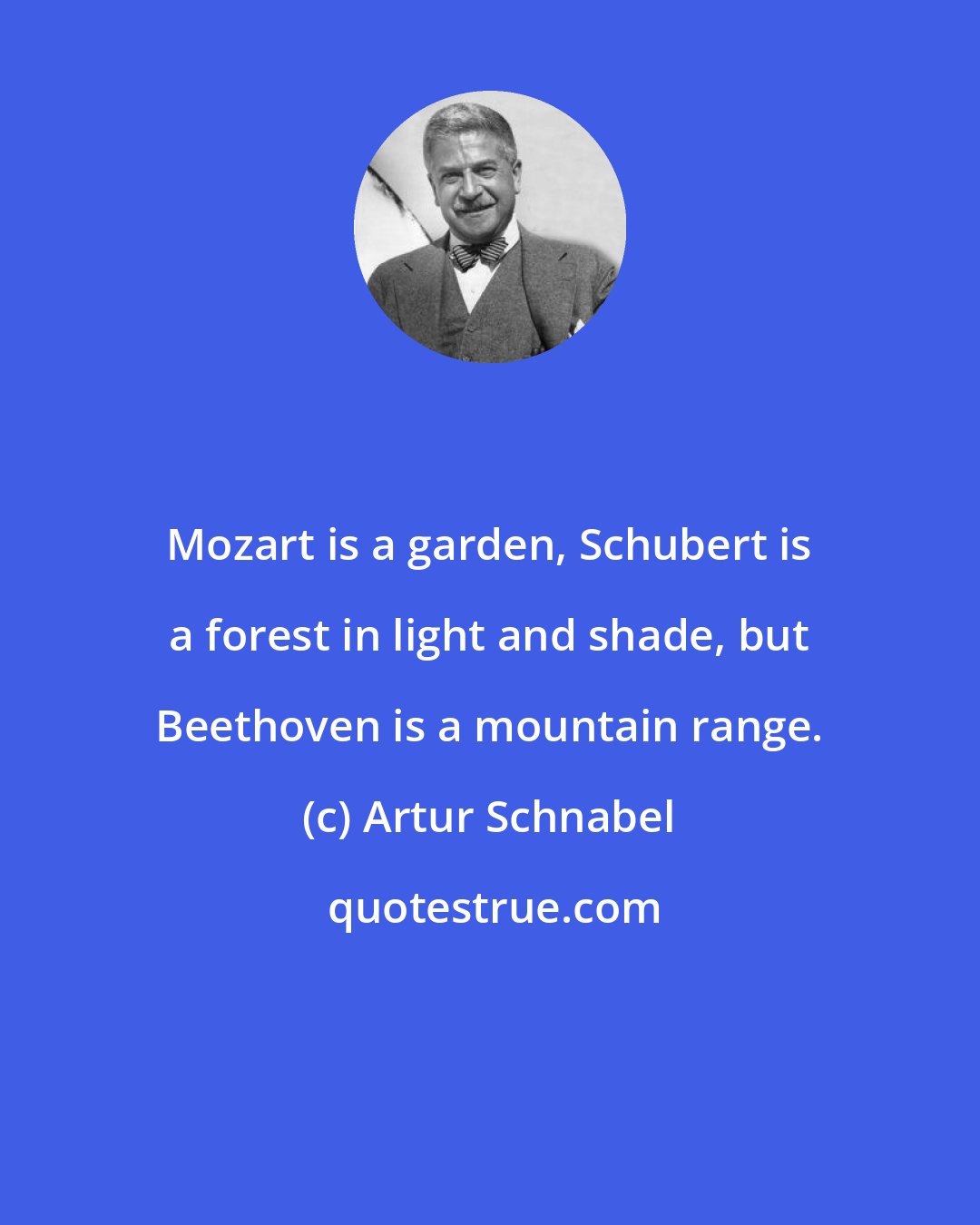 Artur Schnabel: Mozart is a garden, Schubert is a forest in light and shade, but Beethoven is a mountain range.