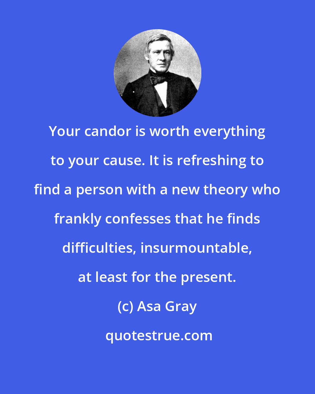 Asa Gray: Your candor is worth everything to your cause. It is refreshing to find a person with a new theory who frankly confesses that he finds difficulties, insurmountable, at least for the present.