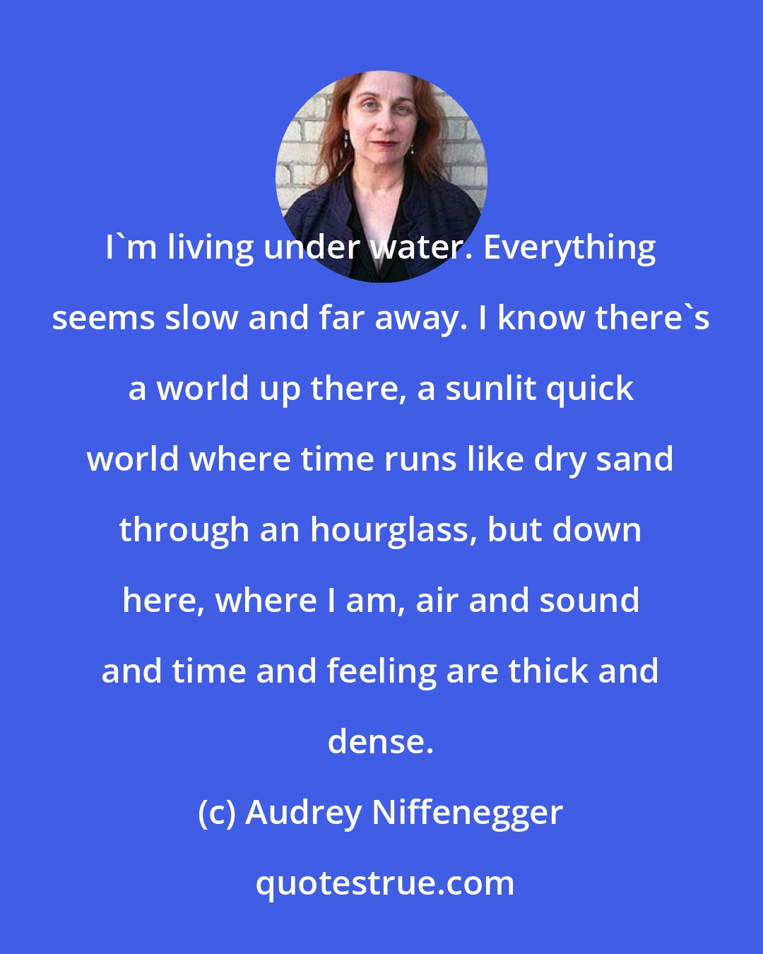 Audrey Niffenegger: I'm living under water. Everything seems slow and far away. I know there's a world up there, a sunlit quick world where time runs like dry sand through an hourglass, but down here, where I am, air and sound and time and feeling are thick and dense.