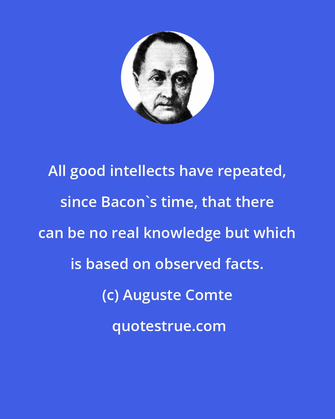 Auguste Comte: All good intellects have repeated, since Bacon's time, that there can be no real knowledge but which is based on observed facts.