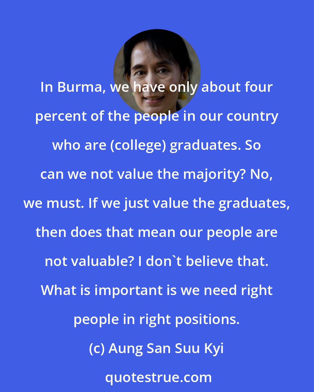 Aung San Suu Kyi: In Burma, we have only about four percent of the people in our country who are (college) graduates. So can we not value the majority? No, we must. If we just value the graduates, then does that mean our people are not valuable? I don't believe that. What is important is we need right people in right positions.