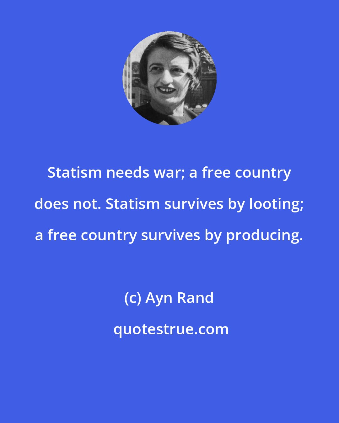 Ayn Rand: Statism needs war; a free country does not. Statism survives by looting; a free country survives by producing.