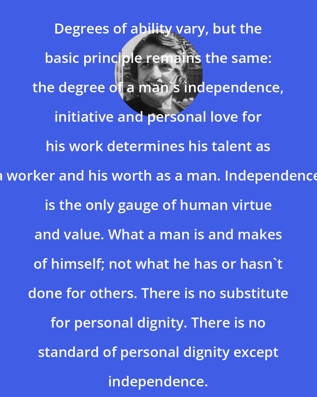 Ayn Rand: Degrees of ability vary, but the basic principle remains the same: the degree of a man's independence, initiative and personal love for his work determines his talent as a worker and his worth as a man. Independence is the only gauge of human virtue and value. What a man is and makes of himself; not what he has or hasn't done for others. There is no substitute for personal dignity. There is no standard of personal dignity except independence.