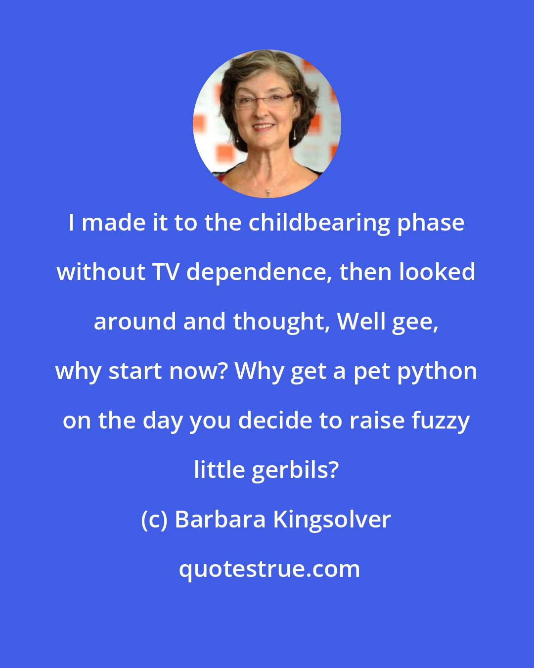 Barbara Kingsolver: I made it to the childbearing phase without TV dependence, then looked around and thought, Well gee, why start now? Why get a pet python on the day you decide to raise fuzzy little gerbils?