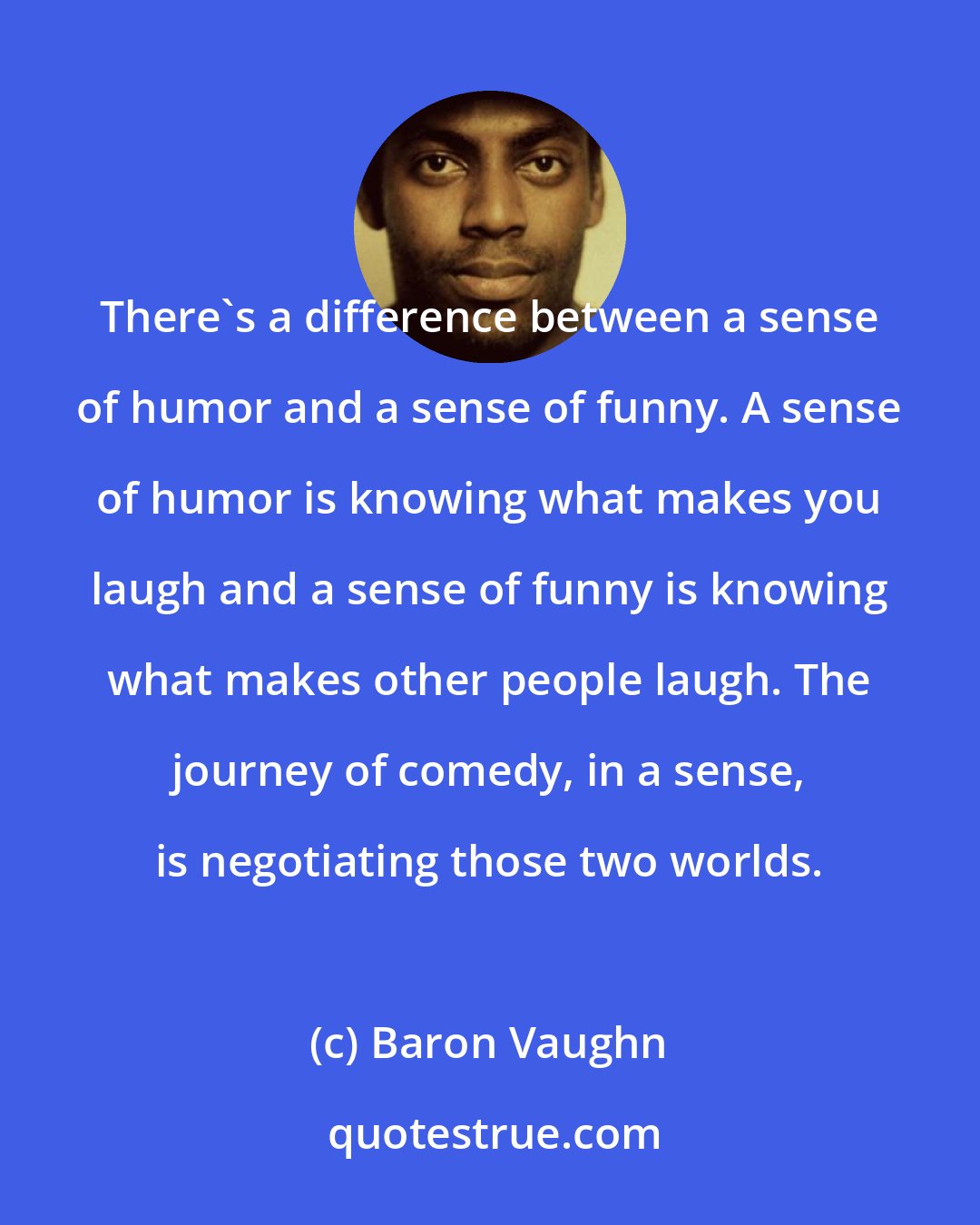 Baron Vaughn: There's a difference between a sense of humor and a sense of funny. A sense of humor is knowing what makes you laugh and a sense of funny is knowing what makes other people laugh. The journey of comedy, in a sense, is negotiating those two worlds.