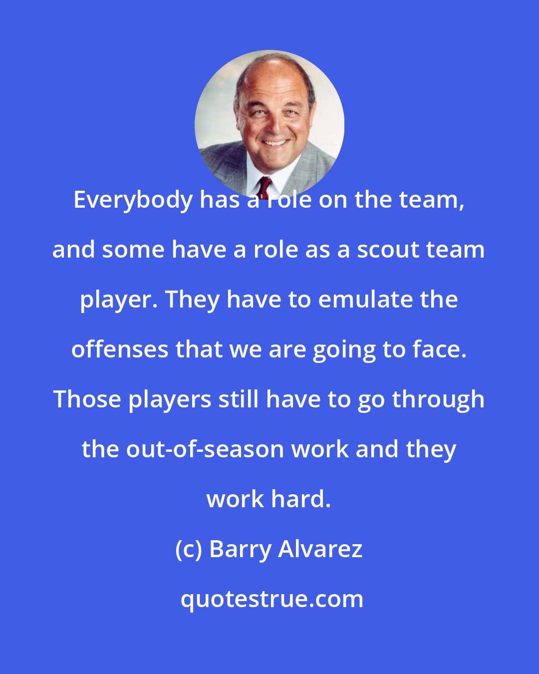 Barry Alvarez: Everybody has a role on the team, and some have a role as a scout team player. They have to emulate the offenses that we are going to face. Those players still have to go through the out-of-season work and they work hard.