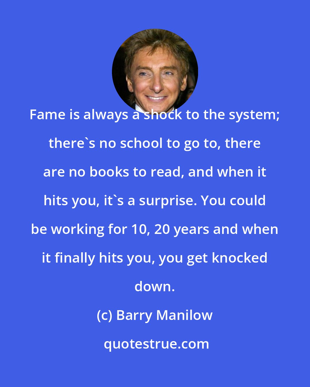 Barry Manilow: Fame is always a shock to the system; there's no school to go to, there are no books to read, and when it hits you, it's a surprise. You could be working for 10, 20 years and when it finally hits you, you get knocked down.
