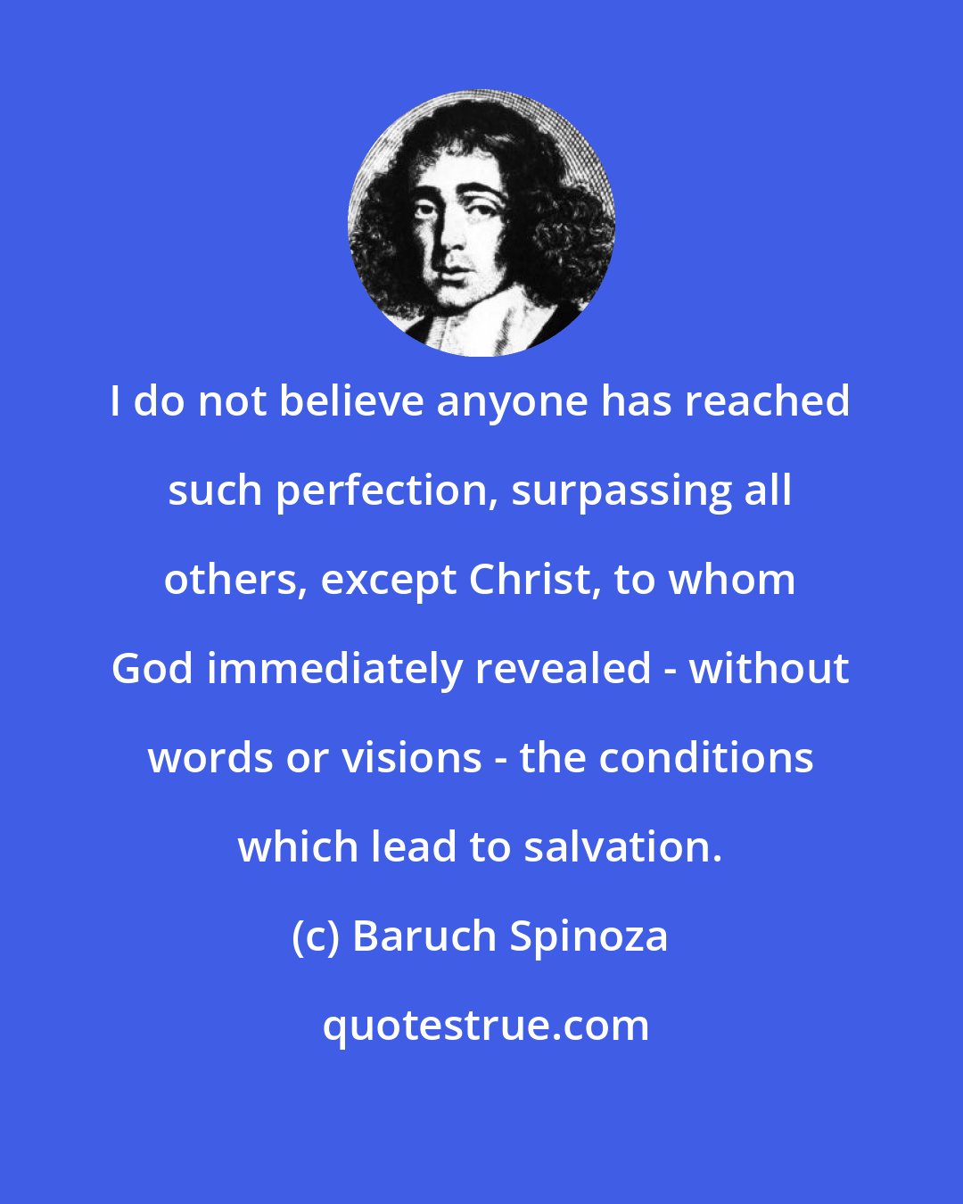 Baruch Spinoza: I do not believe anyone has reached such perfection, surpassing all others, except Christ, to whom God immediately revealed - without words or visions - the conditions which lead to salvation.