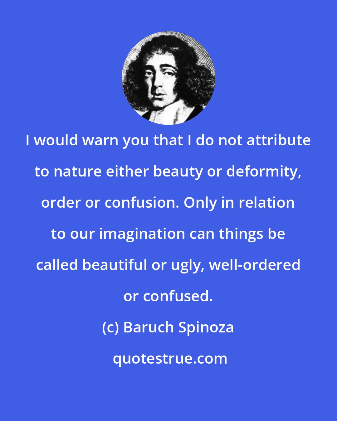 Baruch Spinoza: I would warn you that I do not attribute to nature either beauty or deformity, order or confusion. Only in relation to our imagination can things be called beautiful or ugly, well-ordered or confused.