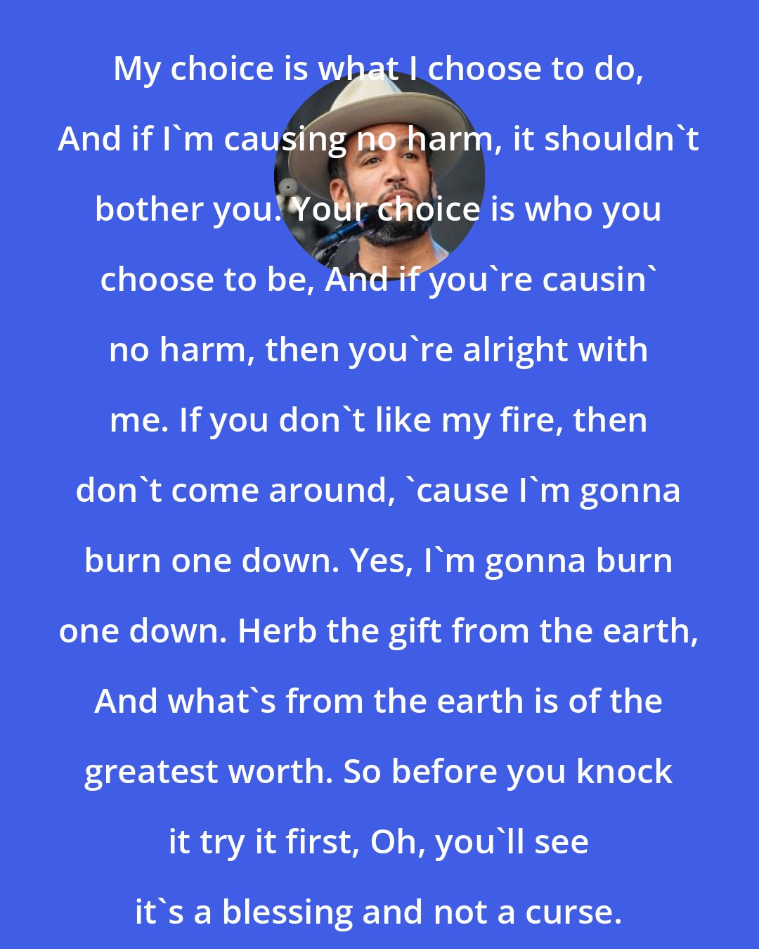 Ben Harper: My choice is what I choose to do, And if I'm causing no harm, it shouldn't bother you. Your choice is who you choose to be, And if you're causin' no harm, then you're alright with me. If you don't like my fire, then don't come around, 'cause I'm gonna burn one down. Yes, I'm gonna burn one down. Herb the gift from the earth, And what's from the earth is of the greatest worth. So before you knock it try it first, Oh, you'll see it's a blessing and not a curse.