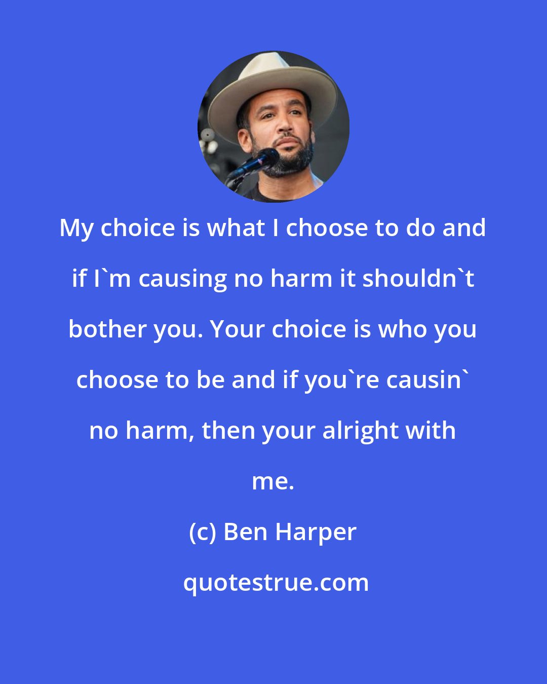 Ben Harper: My choice is what I choose to do and if I'm causing no harm it shouldn't bother you. Your choice is who you choose to be and if you're causin' no harm, then your alright with me.