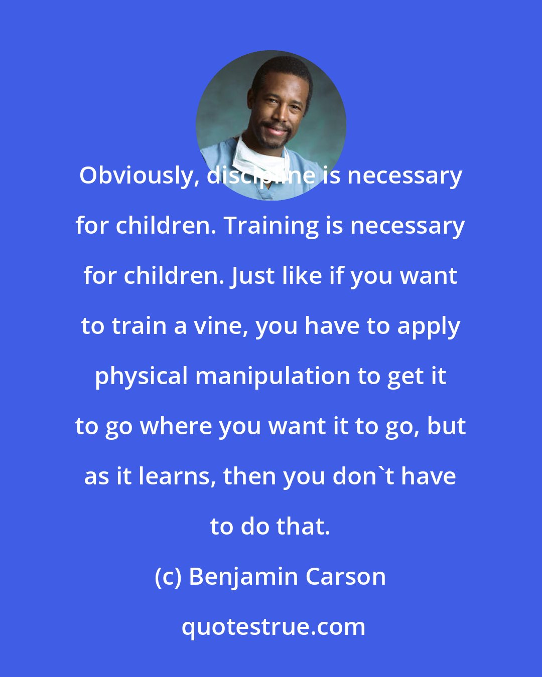 Benjamin Carson: Obviously, discipline is necessary for children. Training is necessary for children. Just like if you want to train a vine, you have to apply physical manipulation to get it to go where you want it to go, but as it learns, then you don't have to do that.