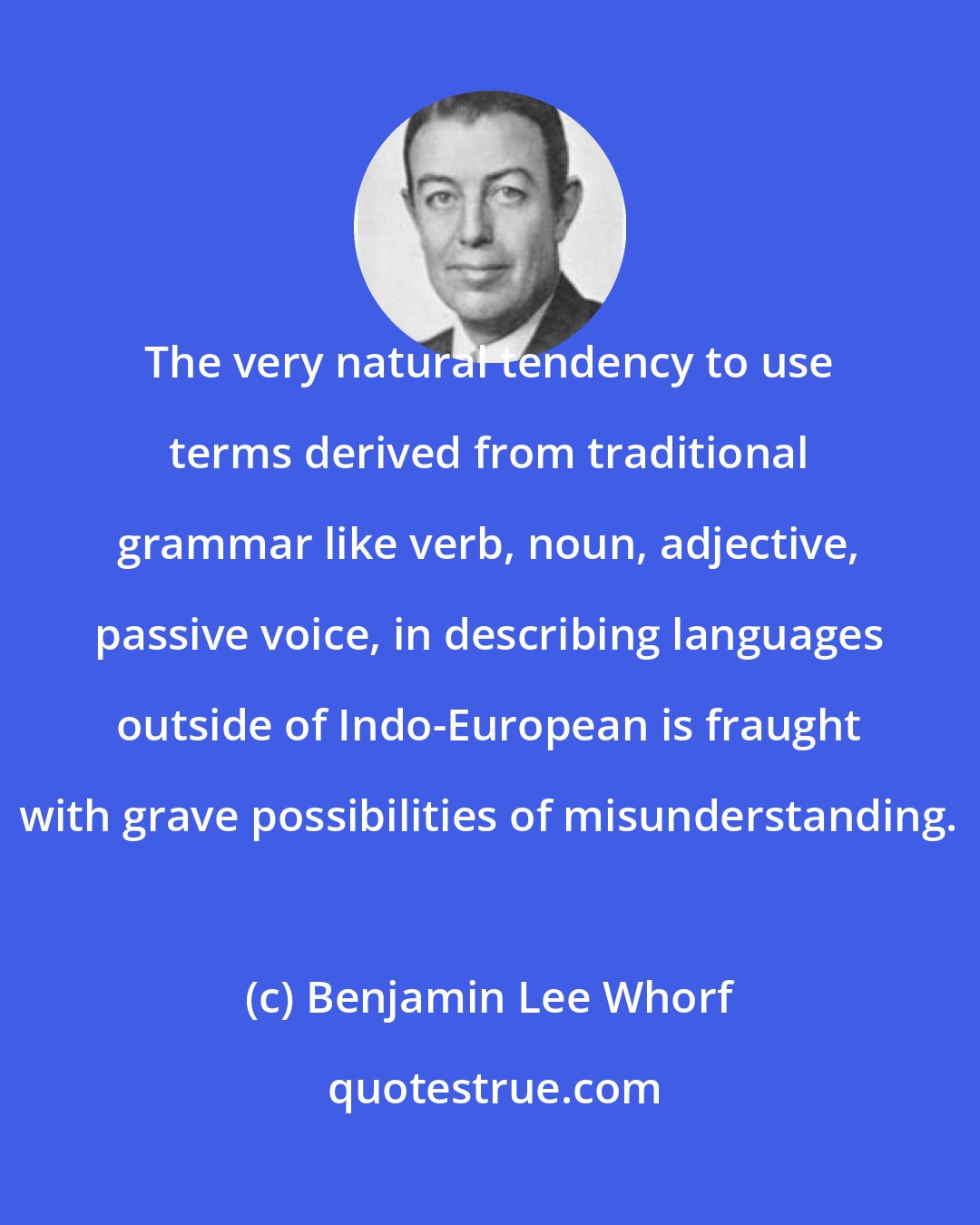Benjamin Lee Whorf: The very natural tendency to use terms derived from traditional grammar like verb, noun, adjective, passive voice, in describing languages outside of Indo-European is fraught with grave possibilities of misunderstanding.