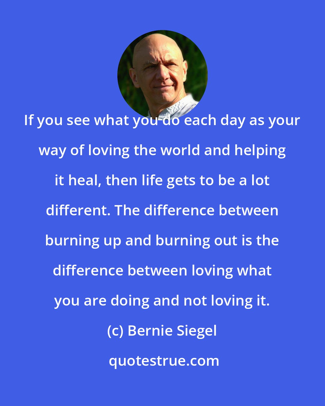 Bernie Siegel: If you see what you do each day as your way of loving the world and helping it heal, then life gets to be a lot different. The difference between burning up and burning out is the difference between loving what you are doing and not loving it.