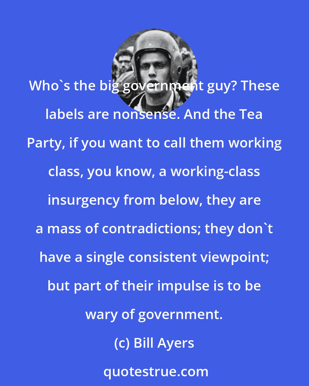 Bill Ayers: Who's the big government guy? These labels are nonsense. And the Tea Party, if you want to call them working class, you know, a working-class insurgency from below, they are a mass of contradictions; they don't have a single consistent viewpoint; but part of their impulse is to be wary of government.