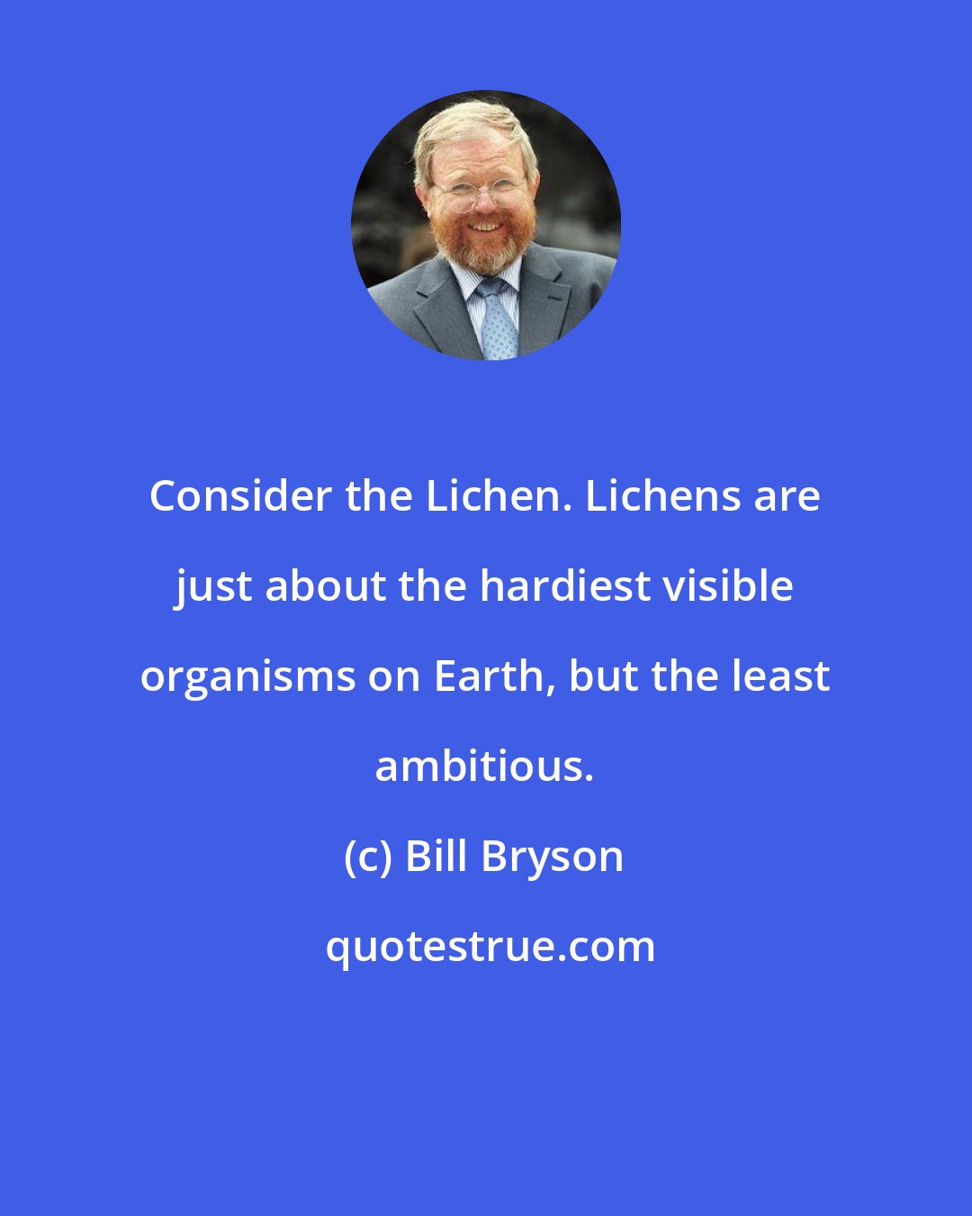 Bill Bryson: Consider the Lichen. Lichens are just about the hardiest visible organisms on Earth, but the least ambitious.