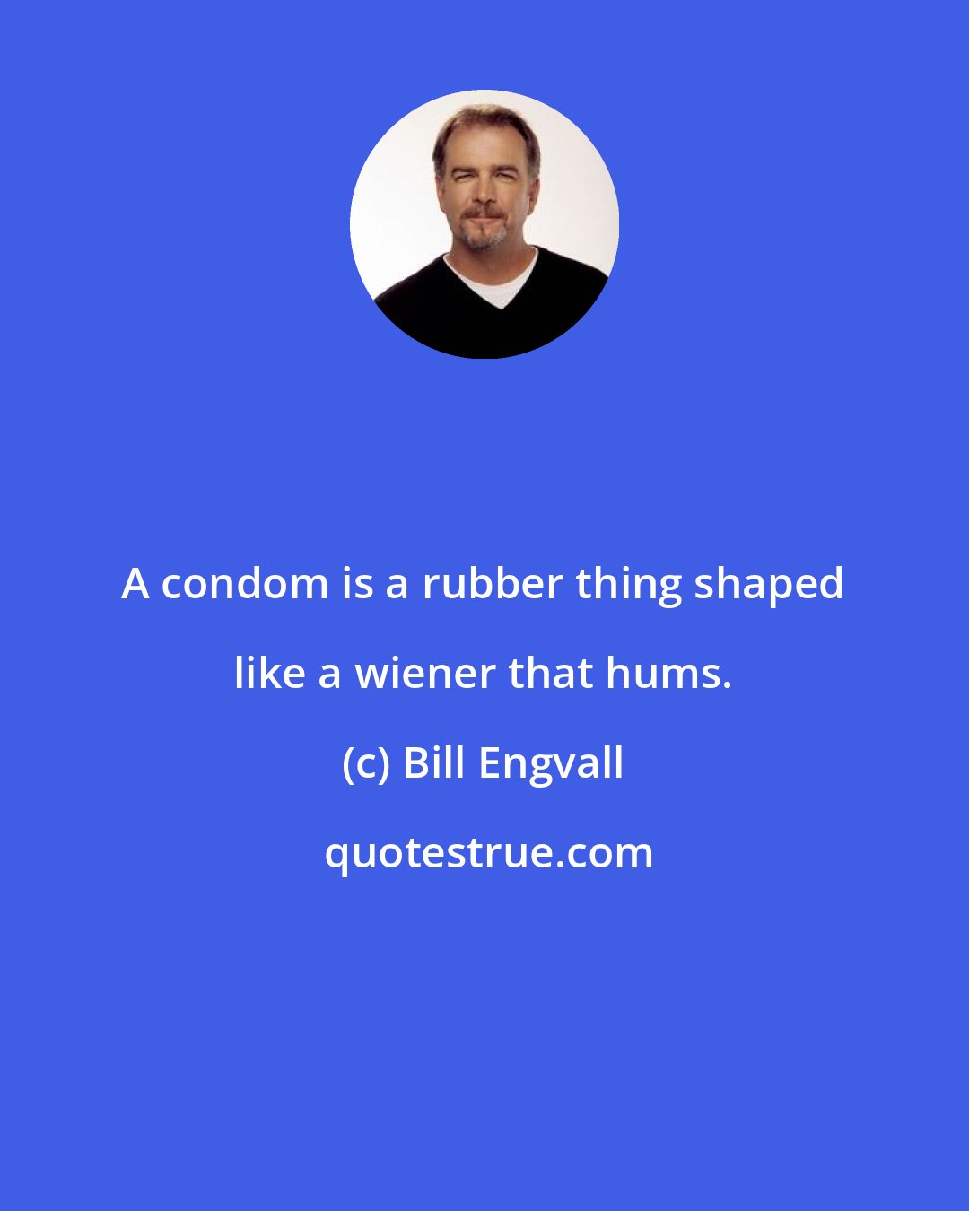 Bill Engvall: A condom is a rubber thing shaped like a wiener that hums.