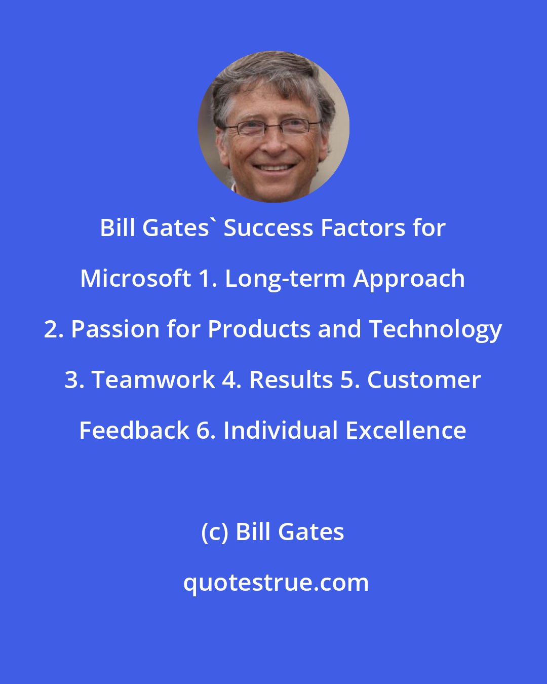 Bill Gates: Bill Gates' Success Factors for Microsoft 1. Long-term Approach 2. Passion for Products and Technology 3. Teamwork 4. Results 5. Customer Feedback 6. Individual Excellence