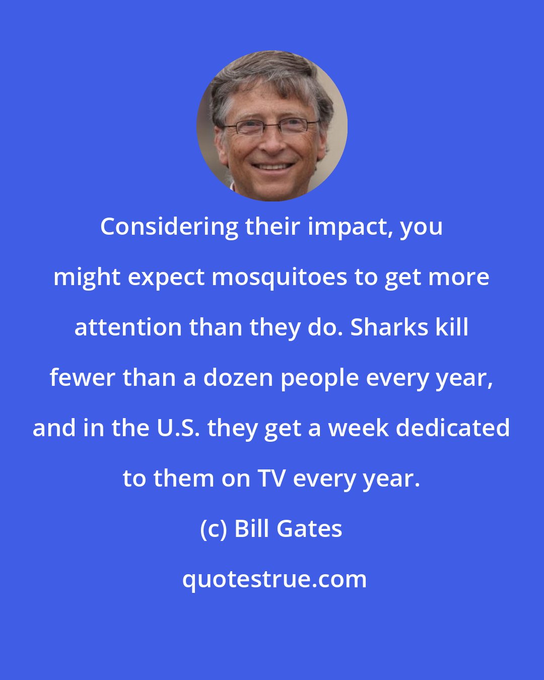 Bill Gates: Considering their impact, you might expect mosquitoes to get more attention than they do. Sharks kill fewer than a dozen people every year, and in the U.S. they get a week dedicated to them on TV every year.