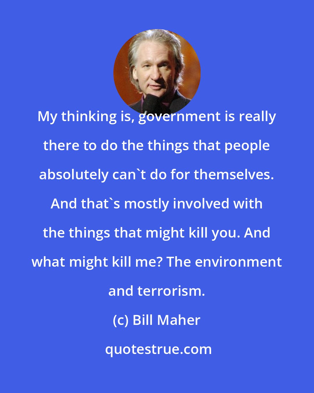 Bill Maher: My thinking is, government is really there to do the things that people absolutely can't do for themselves. And that's mostly involved with the things that might kill you. And what might kill me? The environment and terrorism.