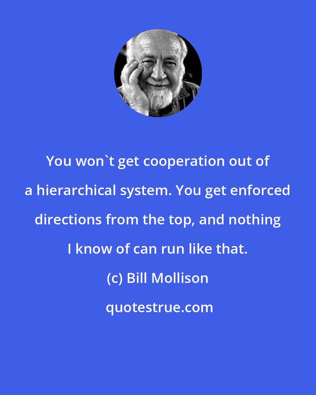 Bill Mollison: You won't get cooperation out of a hierarchical system. You get enforced directions from the top, and nothing I know of can run like that.